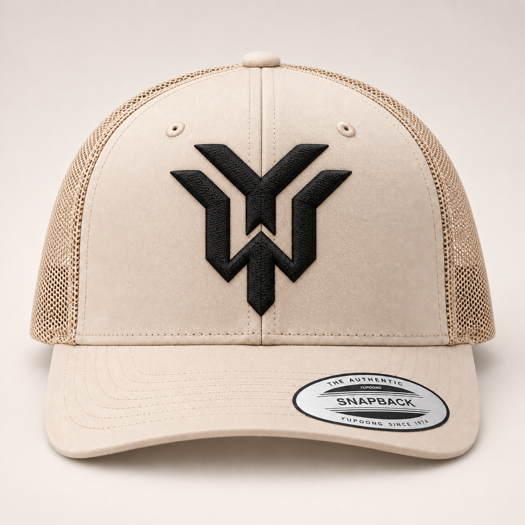 🏜️🖤 Desert Wrath – Wrath Crest YW Monogram · Black 3D puff · Sand Beige Retro Trucker YP Classics | Hand Finished in Dubai | EmbroMania