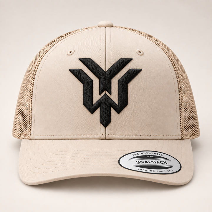 🏜️🖤 Desert Wrath – Wrath Crest YW Monogram · Black 3D puff · Sand Beige Retro Trucker YP Classics | Hand Finished in Dubai | EmbroMania