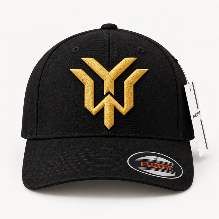 ✨🖤 Gilded Fury – Wrath Crest YW Monogram · Gold 3D puff · Black Solid Flexfit | Hand Finished in Dubai | EmbroMania