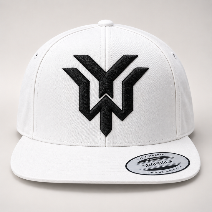 🤍⚡ Ivory Storm – Wrath Crest YW Monogram · Black 3D puff · All White Structured Snapback | Hand Finished in Dubai | EmbroMania