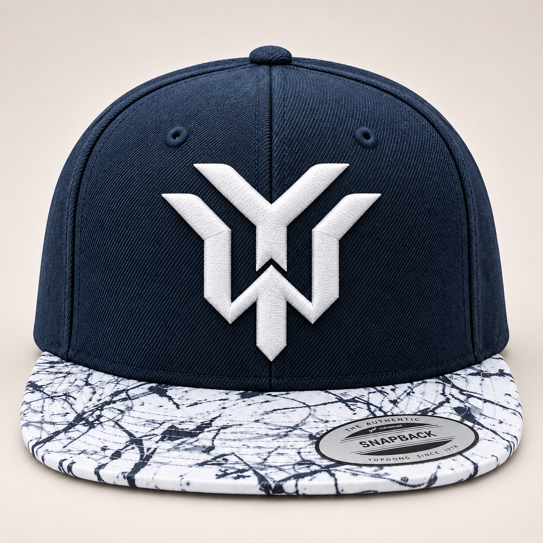 🌊🤍 Marble Crest – Wrath Crest YW Monogram · White 3D puff · Navy Crown &amp; Marble Brim Snapback | Hand Finished in Dubai | EmbroMania