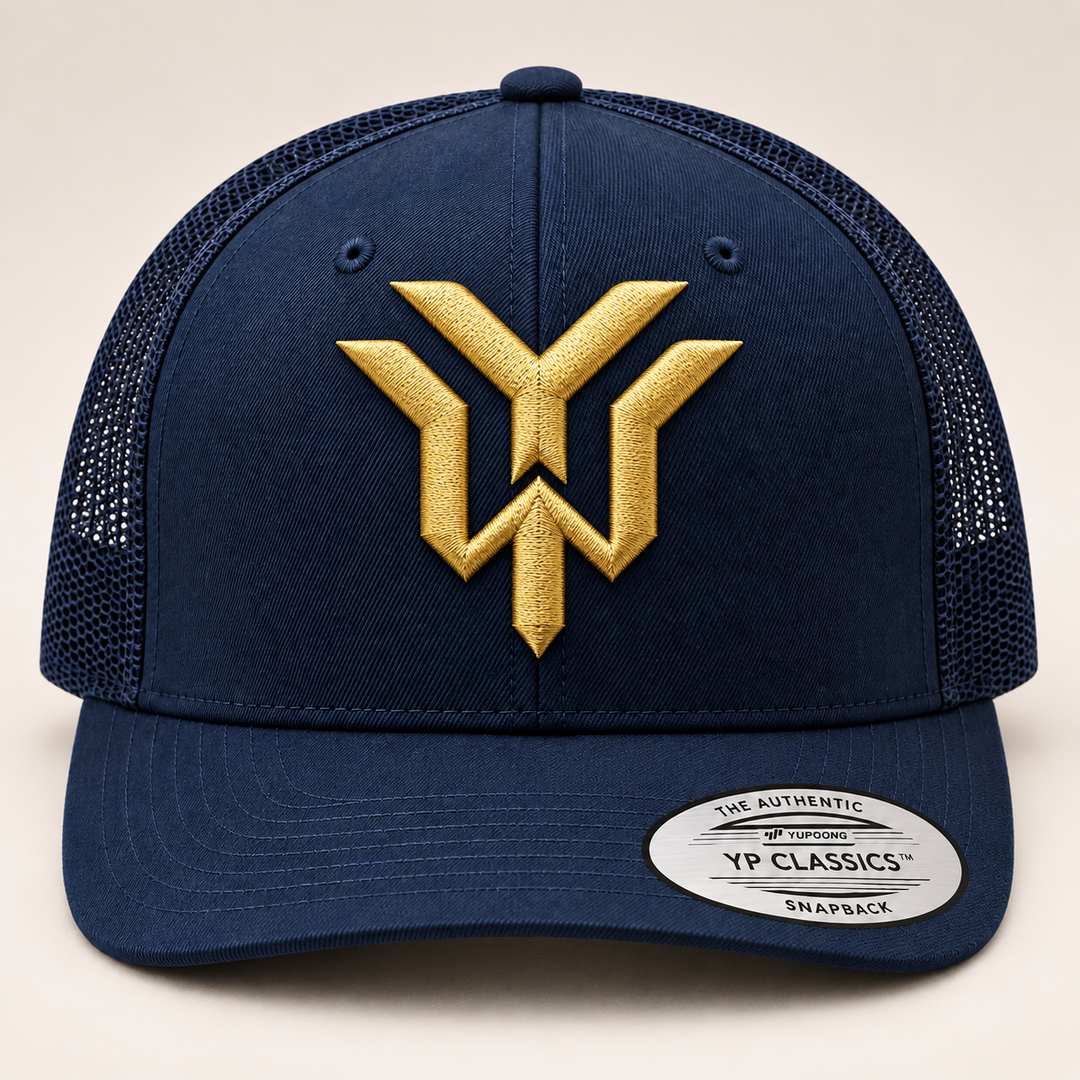 🌊👑 Navy Conquest – Wrath Crest YW Monogram · Gold 3D puff · Dark Navy Curved Trucker YP Classics | Hand Finished in Dubai | EmbroMania