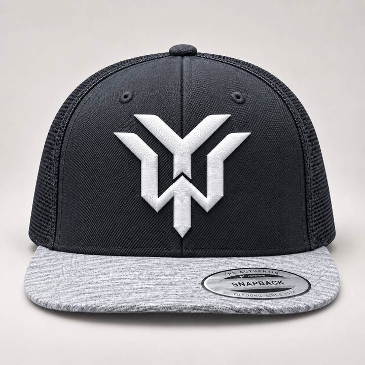 ⚡🌫️ Phantom Wing – Wrath Crest YW Monogram · White 3D puff · Charcoal &amp; Heather Grey Snapback | Hand Finished in Dubai | EmbroMania